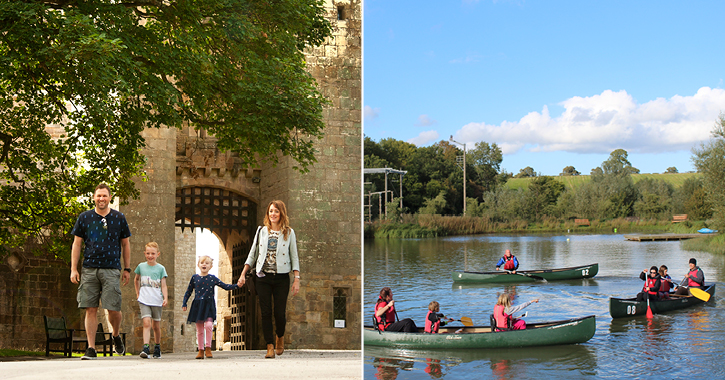 family walking outside Raby Castle and family kayaking at TCR Hub